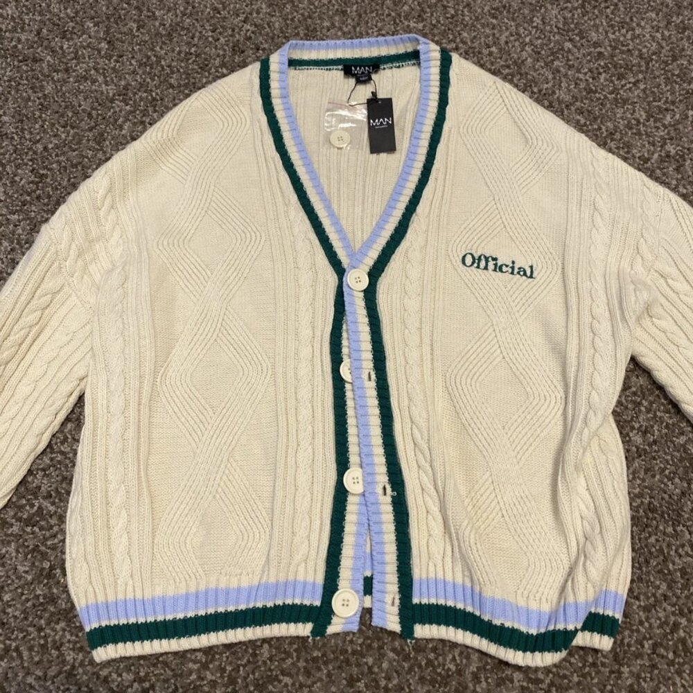 NWT BoohooMAN Boxy Cable Knit Cardigan Mens M Cream Striped Oversized 'Official'